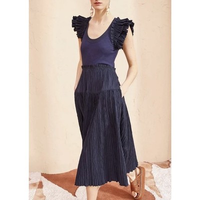 NWT Ulla Johnson Virginia Pleated Midi Dress in Midnight Blue