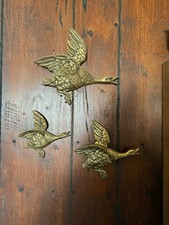 Vintage Brass Flying Ducks Wall Hanging Plaques Decor 1960 Set/3 Excellent.   57