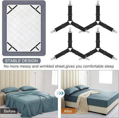 4Bed Sheet Fasteners Adjustable Elastic Suspenders Straps Mattress Covers Clips.