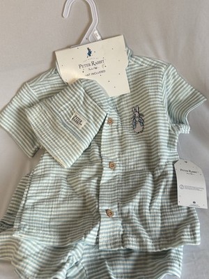 Peter Rabbit 2pc Seersucker Striped Shirt & Shorts Set Blue/White 24M