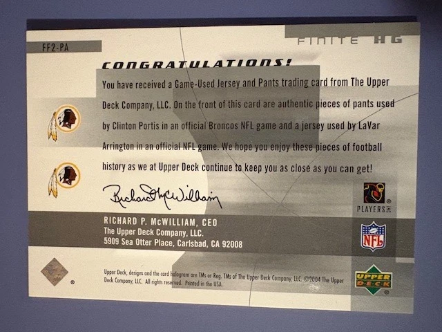 2004 Clinton Portis/Lavar Arrington UD Finite HG Finite Fabrics Jerseys - Image 2 of 2