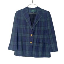 Lauren Ralph Lauren Navy Black Plaid 10P 100 Linen Blazer Gold Buttons