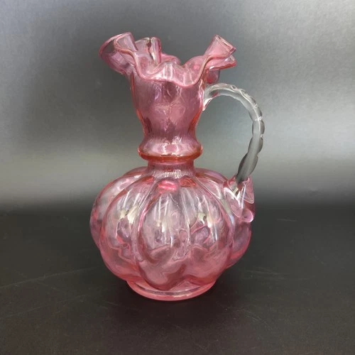 Vintage Fenton 1940s Pink Cranberry Melon Pitcher Ruffled Vase Art Glass