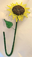 Sunflower Vtg Handmade Glass Beaded Wire Art Sculpture Floral Decor Yellow Green