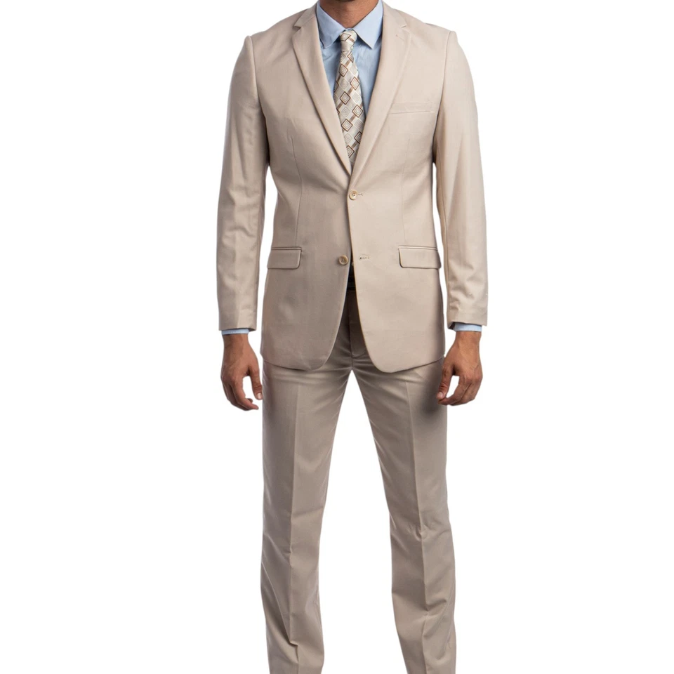 Gianco Ferro Men’s Beige Tan Slim Fit Suit 2 Button 2 Piece Wedding Business NEW - Image 2 of 2