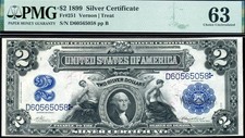 HGR SATURDAY 1899 $2 Silver Certificate (RARER Vernon/Treat) PMG CHOICE UNC 63