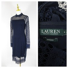 Lauren Ralph Lauren Navy Embroidered Crochet Lace Overlay Sheath Dress Size 6