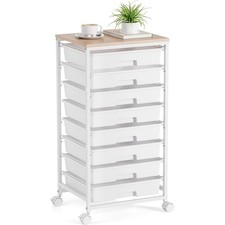 Storage Cart with 8 Drawers, Utility Cart with White Drawers and Wooden Table...