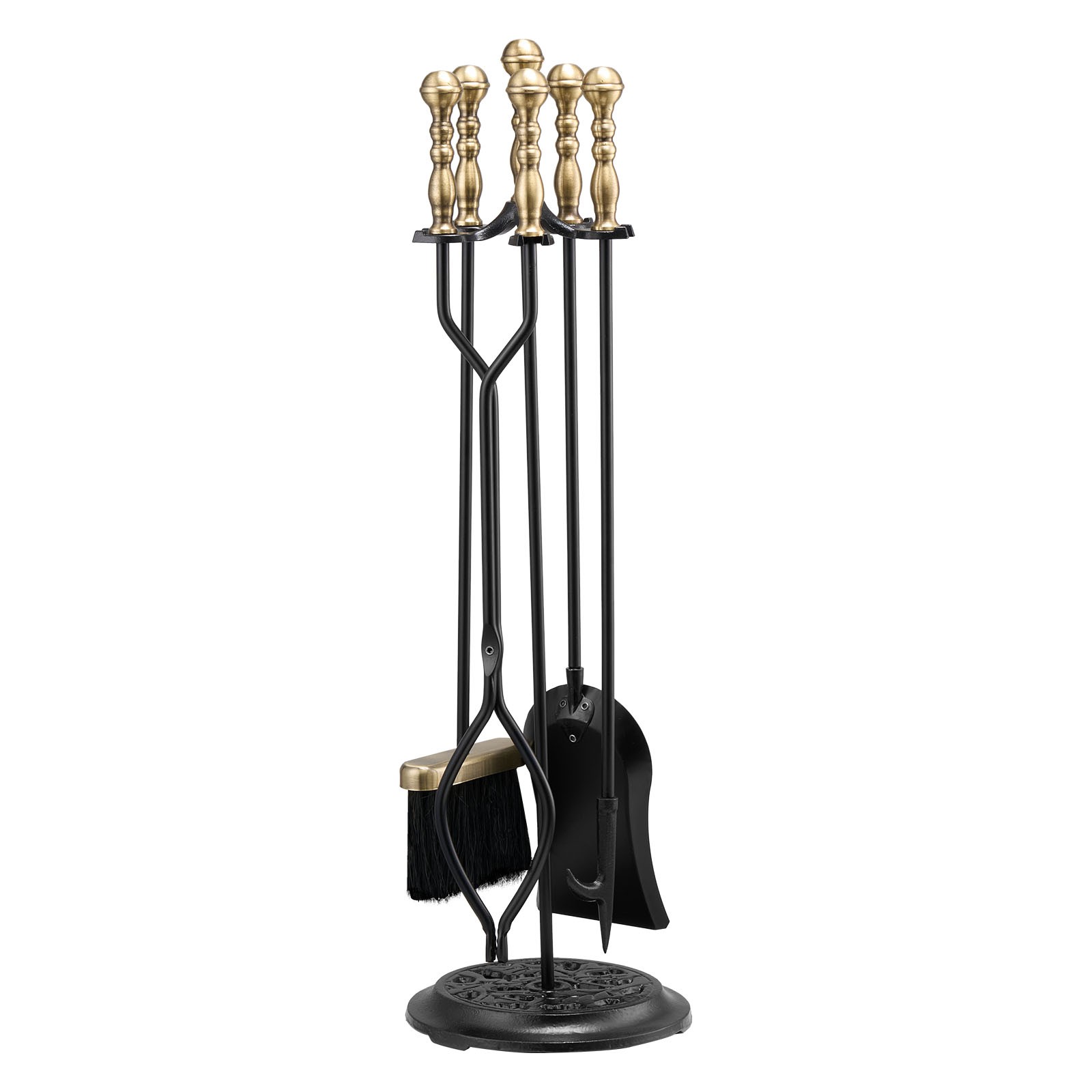 VEVOR Fireplace Tool Set 5 PCS with Stand Tongs Shovel Brush Poker Black Brass