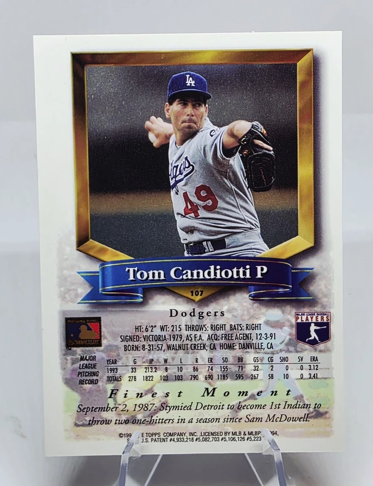 1994 Topps FINEST Baseball Tom Candiotti REFRACTOR Los Angeles Dodgers SSP #107 - Image 4 of 4