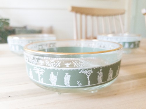 3 - vintage Jeanette Glass Hellenic green Wedgewood Dessert bowls gold Trim 4.5” - Picture 7 of 8