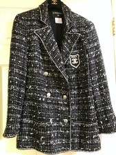 Chanel 05c Vintage Black Double Breasted Jacket Silver Trim Gold Patch Fr44-42