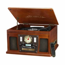 Mahogany Entertainment Center AM/FM Radio CD Record Player Turntable Bluetooth