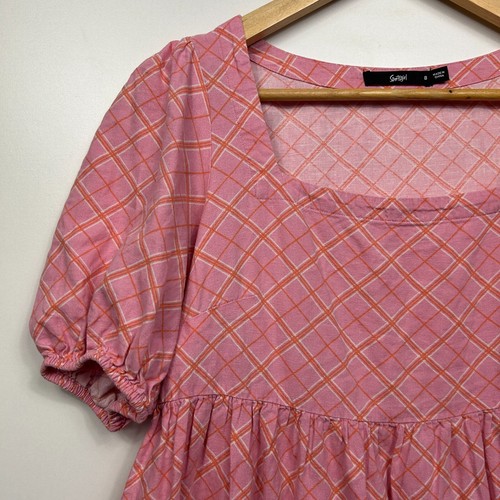 Sportsgirl Dress Size 8 Pink Short Puff Sleeve Check Linen Blend - Picture 2 of 10