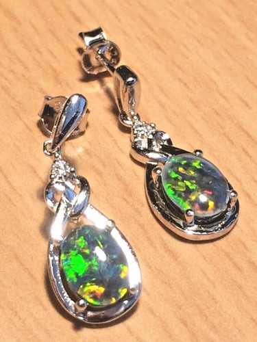 Earrings Natural Opal & Gemstones Solid Silver 14k Gold or Rhodium Plated 8x6mm - Picture 14 of 29