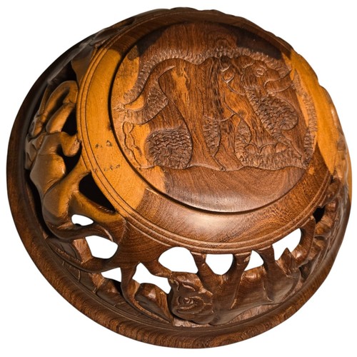 Vintage Hand Carved Wooden Bowl Safari Animals African Tribal 13" - Picture 2 of 10