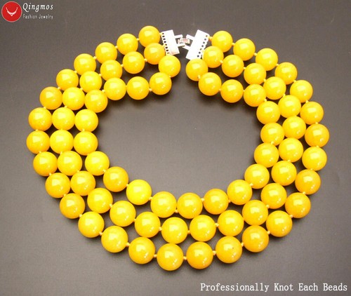 18mm Yellow Round Natural Jade Necklace for Women Stone Jewelry 3 Strands 18-23" - Picture 9 of 20