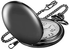 Smooth Black Pocket Watch for Men Quartz Arabic Digital Dial with Chain,Smooth