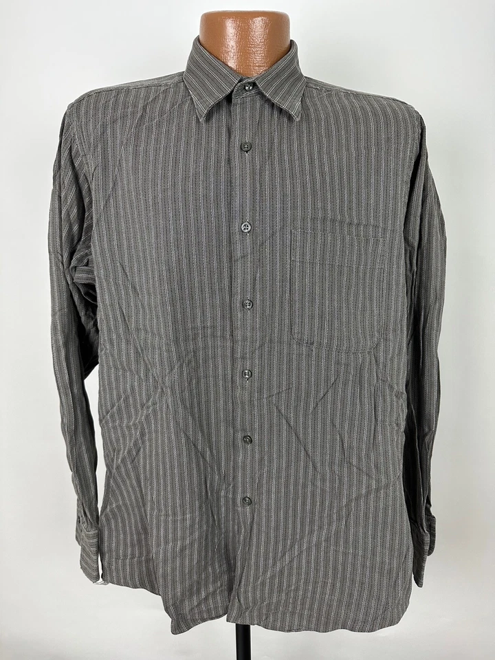 Vintage 90s Van Heusen Dress Shirt Men 15.5 M Gray Striped Long Sleeve Cotton - Image 2 of 4