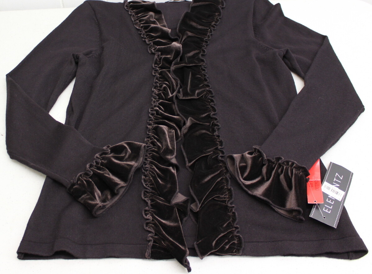 Elementz Velvet Trim Cardigan with Attached Tank Sweater Top Brown S Small New