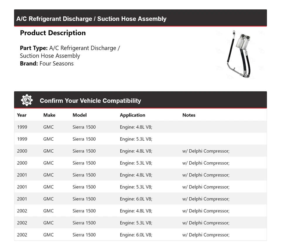Conjunto de manguera de línea de succión de descarga para GMC Sierra 1500 1999-02 4 estaciones 200 Foto 2 de 4