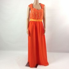 F16 Womens Long Dress Chiffon Applique Maxi Gathered Waist Crystal Orange Size L