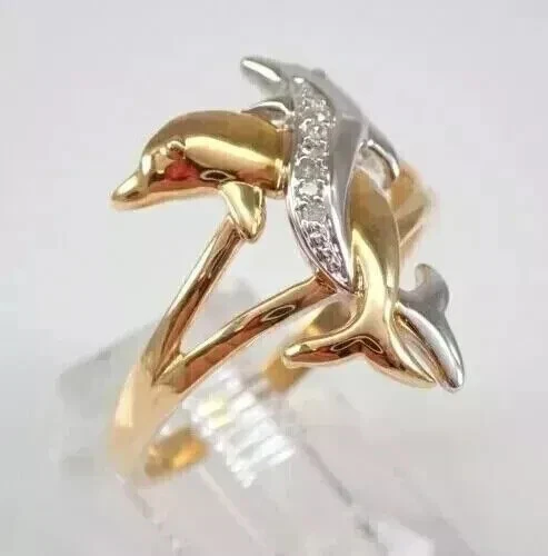 1.50 Ct Round Cut Real Moissanite Dolphin Wedding Ring 14K Two Tone Gold Plated