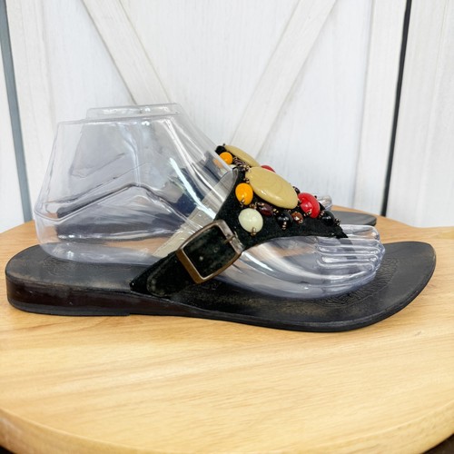 Naughty Monkey Boho Sandals Womens 8.5 Black Suede Beaded Thong Hippie Western - Picture 4 of 12