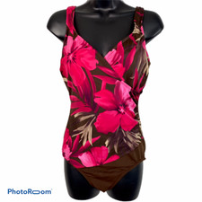 Vintage Maxine of Hollywood Swimsuit Womens 12 One Piece Floral Brown Pink