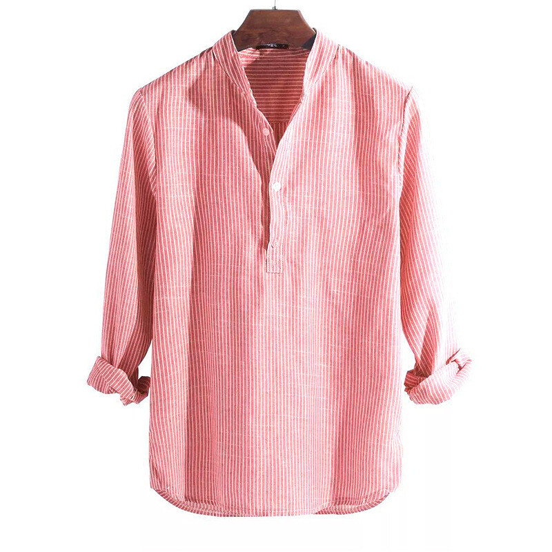 Mens Collarless Shirt Long Sleeve Striped Shirt Casual Loose