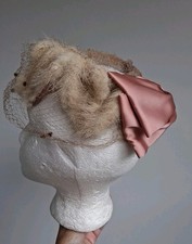 Vtg Real Light Mink damaged Fur Star Crown Hat Big Bow Mauve Satin Net damaged
