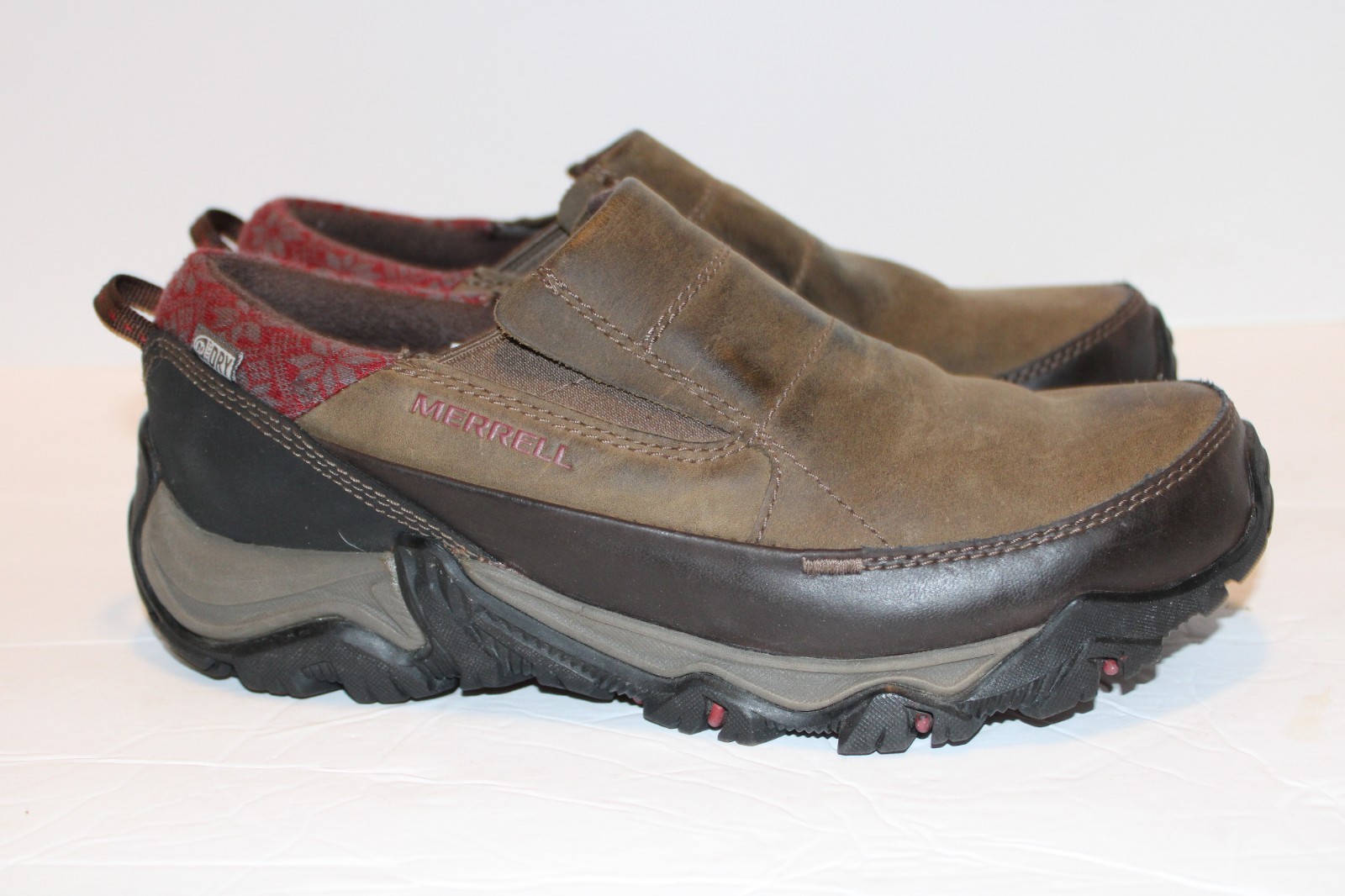 Scarpe Merrell Select Dry da donna taglia 9 slip on marrone rosso pelle termica attiva