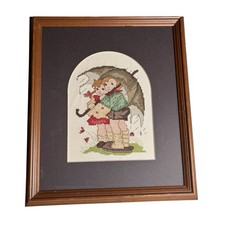 Vintage Hummel Boy  Girl Under Umbrella Cross Stitch   Framed Needlework Art