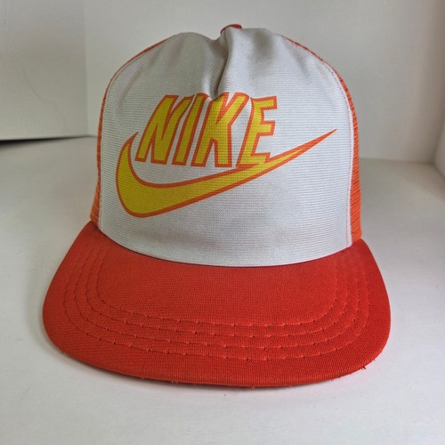 Vintage 1980s Nike Trucker Hat Orange White Mesh Snapback Big Swoosh Logo