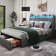 Full Queen Bed Frame with 4 Storage Drawers and Charging Station ＆ LED Lights HL