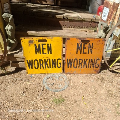 pair of vintage MEN WORKING ROAD CONSTRUCTION DOUBLE SIDED  WARNING SIGNS 18x18''