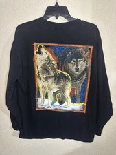 Vintage 90s wilderness outfitters Wolf Animal Nature Black Large Long-Sleeve tee