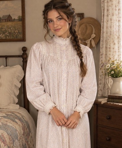 Laura Ashley, Camicia da notte vintage Laura Ashley pizzo floreale cotone piccole tasche cottage vittoriana