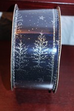 Kirkland Signature Wire Edged Ribbon Cobalt with Silver Trees/Stars 2.5" x 50yds