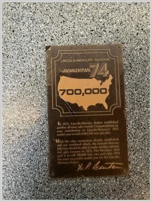 Lincoln-Mercury Dealer Award Plaque Momentum 74 Copper M.P. Shelton 1974