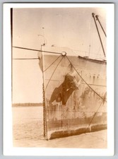 Vtg B&W Snapshot Cargo Ship Bow Steel Vessel Anchor Moored Waterway 1940