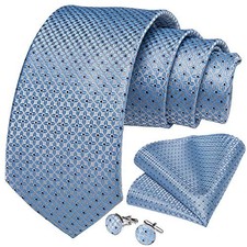 Mens Tie Set Silk Solid Paisley Necktie and Pocket Square 02 Light Blue