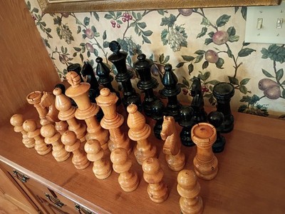 GIANT  Vintage Handcarved Wood Chess Set  10-5/8 '' King Without Board