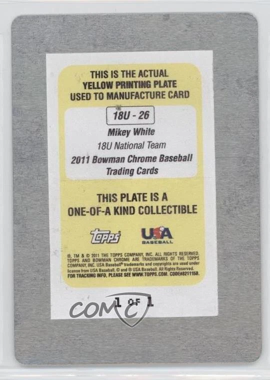 2011 Bowman Chrome Printing Plate Yellow 1/1 Mikey White #18U-26 Auto 0t3 - Image 2 of 3