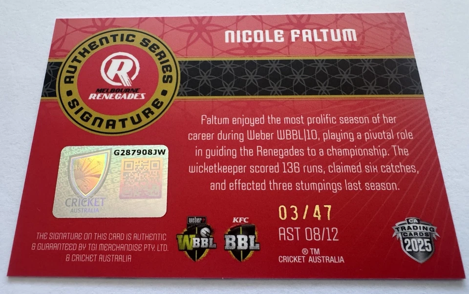 MELBOURNE RENEGADES NICOLE FALTUM 2025 TRADERS TEAM SIGNATURE CARD #3/47 - image 2 of 2