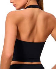 's Halter Sports Bra Longline Yoga Bra Gym Cropped Shirt Workout Tank Tops Bl...