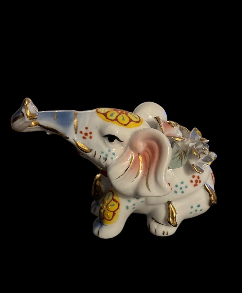 Vintage Elephant Figurine Porcelain 3” floral Flowers Gold Accents Multicolor