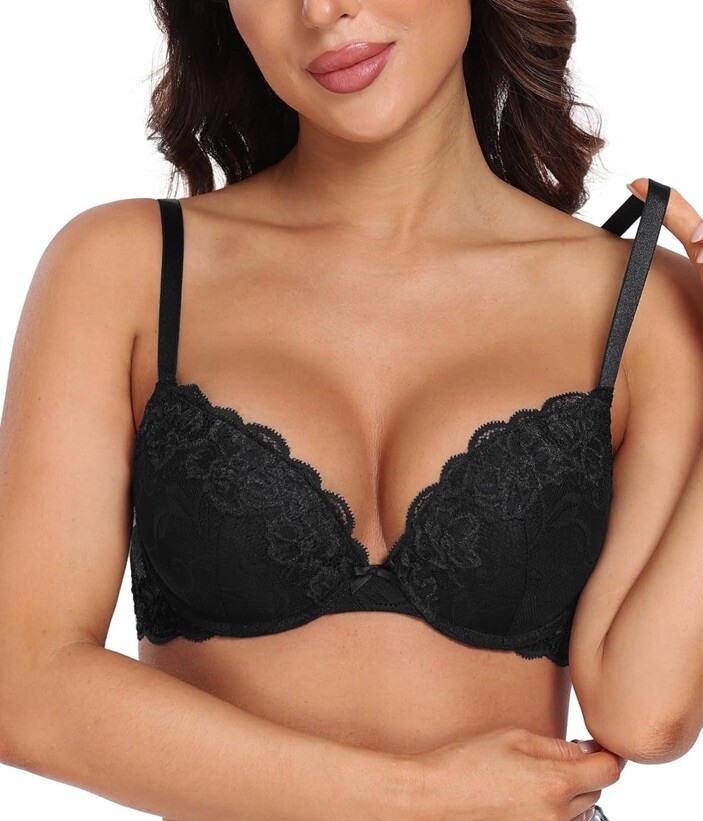 Women's 36A Black Plunge Push Up Bra Comfort Padded Underwire with Lace Flower
