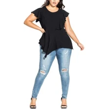 City Chic Womens Medium Black Sassy Hem Asymmetrical Ruffled Top NWT CD37
