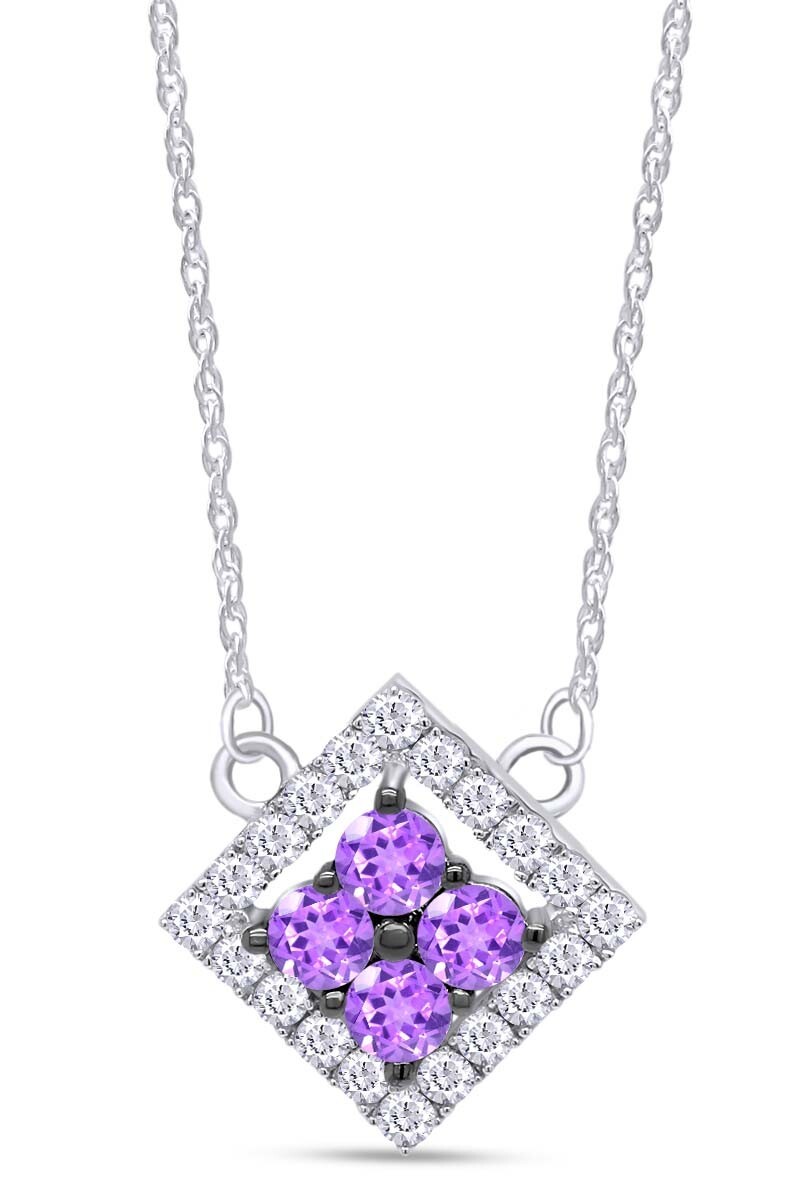 Simulated Amethyst & Natural Diamond Square Pendant 18" Necklace 10K White Gold